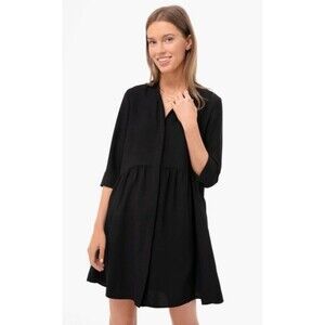 TUCKERNUCK Black Stretch Crepe Royal Shirt Dress Women Small Button Front Mini